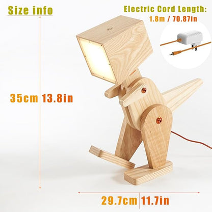 Novelty Cute Wood Dinosaur Table Lamp for Bedroom, Room, Bedside - 3 Levels Dimmable Touch Adjustable Swing Arm Robot Design Natural Finish Nightstand Light for Living Office Dorm (Yellow)