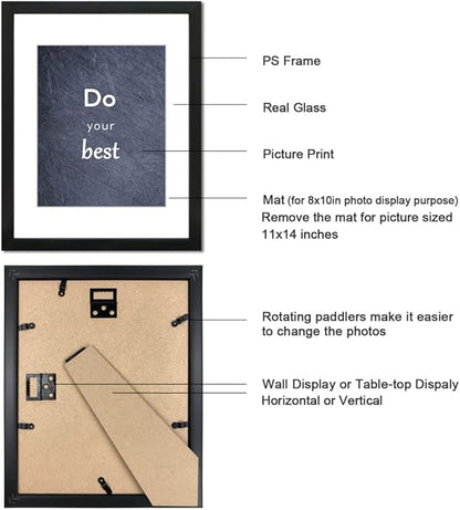 11x14 Picture Frame Set of 3 with Real Glass for Pictures 8x10 with Mat or 11x14 Without Mat, Wall Gallery or Tabletop display Photo Frames in Black