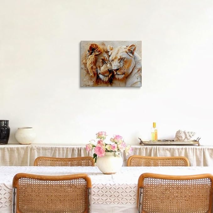 Romantic Lion Couple Canvas Wall Art Framed Painting Lion and Lioness Affection Moment Warm Earthy Tones Impasto Texture Wildlife Wall Decor Artwork for Bedroom Office Den 16x24 Inches