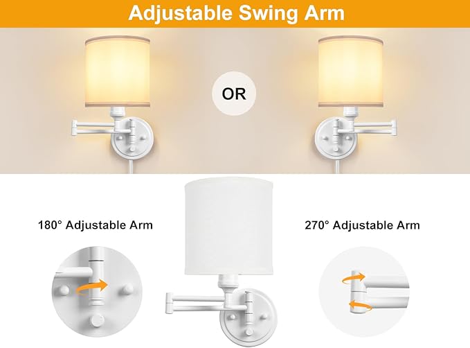 GOODATE Plug in Wall Sconces with Remote Control, Dimming, Adjustable Colors 2700K-6500K, Hardwire or Plug-in, Swing Arm Wall Lamp, Wall Sconces Set of Two, White Fabric Shade, White Finish