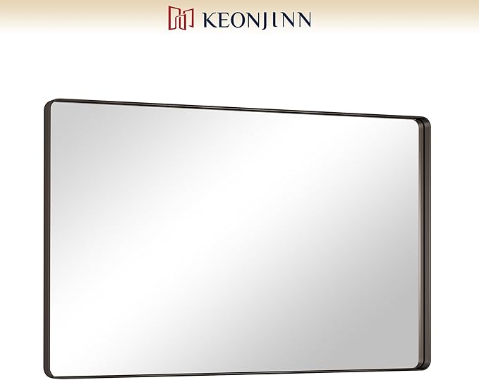 Keonjinn Black Bathroom Mirror for Over Sink, 48 x 30 Inch Rounded Rectangle Vanity Mirror, Sandblasted Finish Matte Black Wall Mirrors, HD Tempered Glass, Anti-Rust Seamless Metal Frame for Restroom