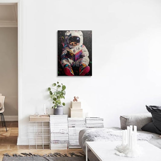 Colorful Pop Astronaut Outer Space Theme Classroom Decor Framed Graffiti Spaceman Contemporary Wall Art Canvas Cool Kids' Gifts Galaxy Prints Banksy Poster Universe Trippy Painting (12"x16")