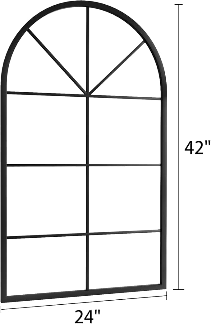 Rowjut Arched Wall Mirror Wall Decorative/Iron Framed Window Pane Mirrors,42" x 24" Window Mirror, Arched Top Wall Mirror for Entryway Living Room, Bedroom, Fireplace .(Deep Black)