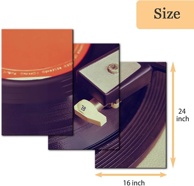 Pacimo 3 Pieces Canvas Wall Art - Old Record Player Pictures Painting Prints on Canvas Retro Musical Instrument Painting Modern Wall Art for Home Decor Stretched and Framed Ready to Hang - 16"x24"x3