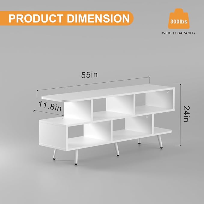 Lightdot 55 Inch TV Stand, up to 65 Inch TVs, Large Storage for Collection with 6 Open Shelves, Sturdy Media Console Table for Living Room/Entrance/Kitchen/Sofa Cabinet, Easy Assembly, White