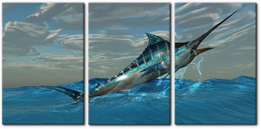Pacimo Fish Canvas Art Wall Decor Blue Marlin Fish Bursts from Ocean Waters Pictures Prints on Canvas Tropical Animal Paintings 3 Panels Modern Artwork Home Decoration Framed Ready to Hang - 16"x24"x3
