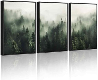 PHOPAGO Green Fog Pine Tree Framed Wall Art Nature Misty Nordic Forests Artwork Morden Paints for Kitchen Hallway Decor - 11x14in Black Framed