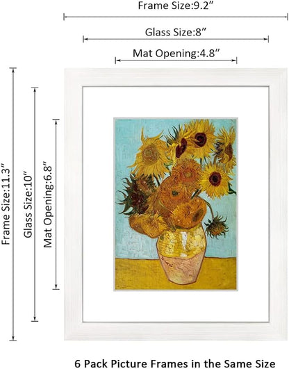 8x10 Picture Frame Set of 6 with Real Glass for Pictures 5x7 with Mat or 8x10 Without Mat, Wall or Tabletop Gallery Photo Frames White