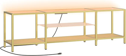 HOOBRO TV Stand with LED Lights and Power Outlets for TVs up to 75", Modern 70.9 Inch Tempered Glass TV Console Table with Open Shelves, Media Entertainment Center for Living Room, Gold GD185UDS01