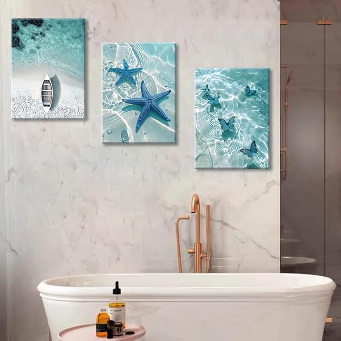 weiyiart Blue Ocean Canvas Wall Art Coastal Starfish Painting Prints Beach Nature Picture Butterfly Artwork for Home Kitchen Bathroom Living Room Wall Decor Ready to Hang 12"x16"x3pcs