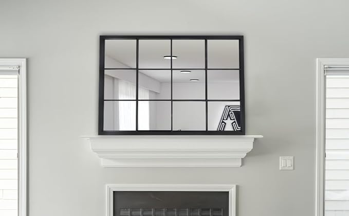 OUSHUAI Balck Rectangle Mirror,Window Pane Grid Mirror,Minimalism Wall Mounted Mirror for Entryway,Hallway,Living Room,Fireplace 24"X36"