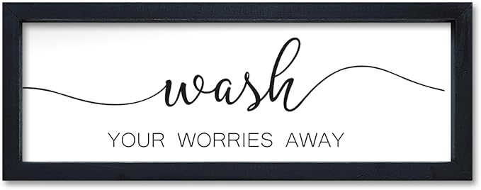Wash Your Worries Away Sign Funny Laundry Room Wall Decor 16"×6" Rustic Bathroom Small Wooden Framed Wall Hanging Art (Black)