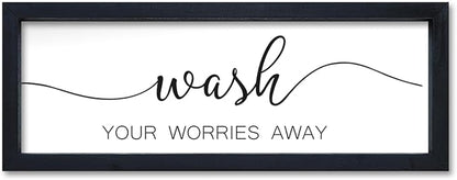 Wash Your Worries Away Sign Funny Laundry Room Wall Decor 16"×6" Rustic Bathroom Small Wooden Framed Wall Hanging Art (Black)