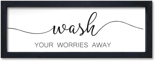 Wash Your Worries Away Sign Funny Laundry Room Wall Decor 16"×6" Rustic Bathroom Small Wooden Framed Wall Hanging Art (Black)