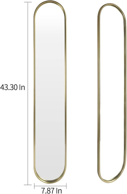 OUSHUAI Gold Full Length Oval Mirror,Narrow Capsule Long Mirrors with Metal Frame for Entryway,Hallway,Living Room 44"X8" (1pc)