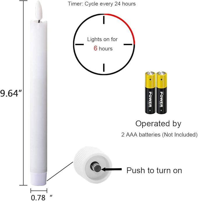 White Flameless Taper Candles Battery Operated with 6H Timer, Real Wax 3D Wick Flickering LED Taper Candles Dinner Wedding Holiday Decor(6 Pack, 0.78 x 9.64 Inches)