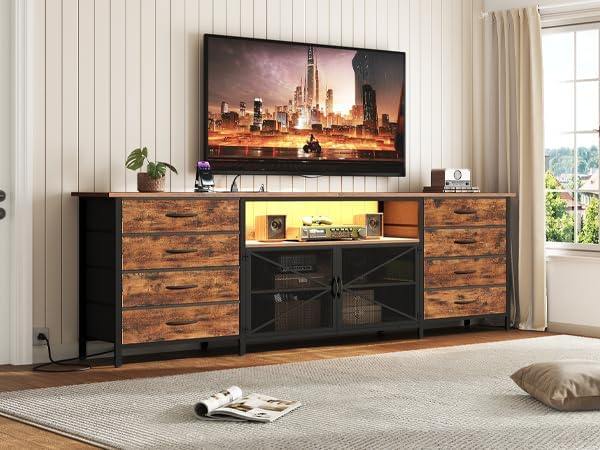RALGEND 75/80/85 Inch TV Stand with Storage, TV Stands for Living Room, Long TV Stand with 8 Fabric Drawers, 71" Large Entertainment Center TV Console with Mesh Door, Rustic Brown