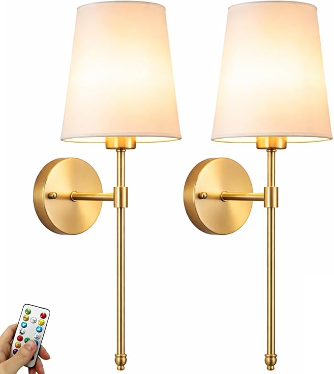 YHCDLAMP Battery Operated Wall Sconces Set of 2, Rechargeable Wireless Wall Lights with 10000mAh Magnetic Bulbs, Up to 50 Hours Runtime, Remote & RGB Dimmable, Brass for Bedroom Living Room Hallway