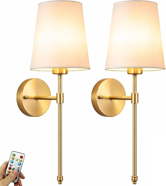 YHCDLAMP Battery Operated Wall Sconces Set of 2, Rechargeable Wireless Wall Lights with 10000mAh Magnetic Bulbs, Up to 50 Hours Runtime, Remote & RGB Dimmable, Brass for Bedroom Living Room Hallway