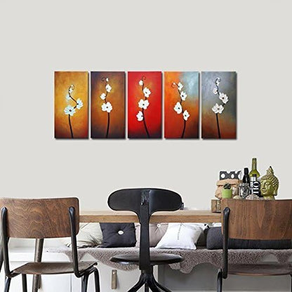 Wieco Art Colorful Flowers Oil Painting on Canvas Wall Art Ready to Hang for Living Room Bedroom Home Decoration Modern 5 Piece 100% Hand Painted Gallery Wrapped Contemporary Abstract Floral