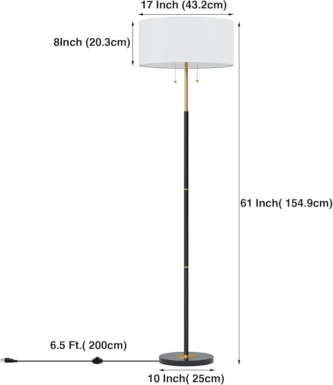 Karjoefar 2-Light Floor Lamp, Mid Century Floor Lamp with White Fabric Shade, Standing Lamp Tall Lamp for Living Room Bedroom, 3 Color Temperatures 9W Bulb Include