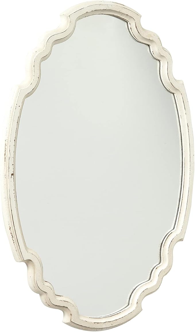 Vintage Sculpted Oval Mirrors for Wall Decor Living Room 16 x 23 inch, Hanging Distressed White Ornate Accent Wood Farmhouse Mirror, Rustic Wall Mounted Mirrors for Small Bathroom Entryway