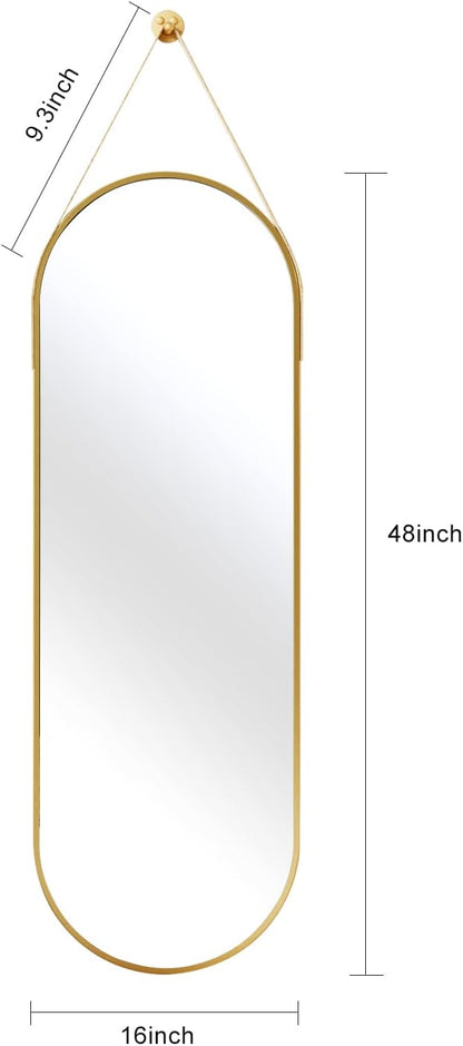OGCAU 48'' x 16'' Full Length Mirror Wall-Mounted, Full Body Hanging Mirror for Wall and Door in Bedroom, Living Room, Oval with Straps, Hanging with Aluminum Alloy Frame (Oval Gold)