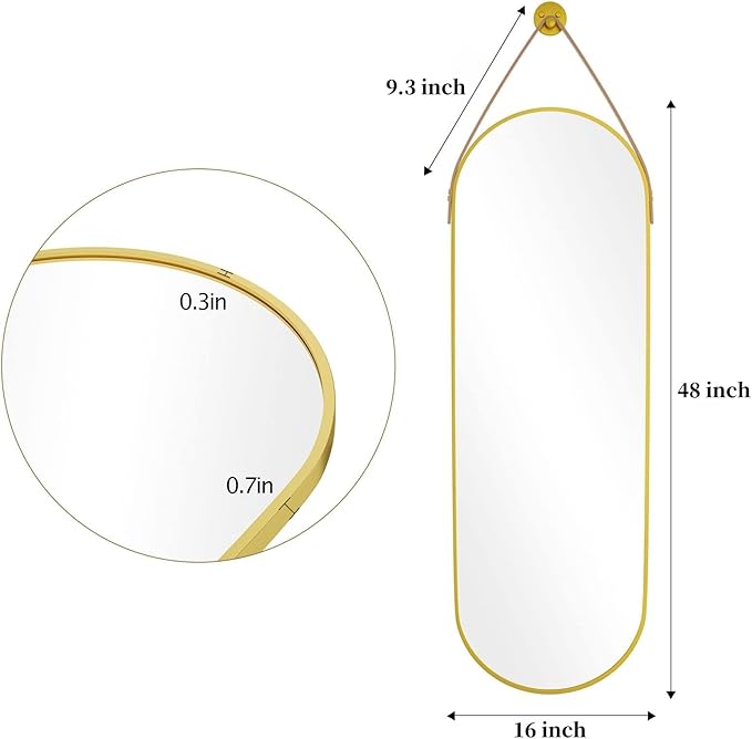 Dewfig 16"x48" Oval Full Length Mirror with Leather Strap Hanging Mirror with Aluminum Frame, Oval Gold Wall-Mounted Mirrors for Living Room Bedroom Entryway Décor, Gold