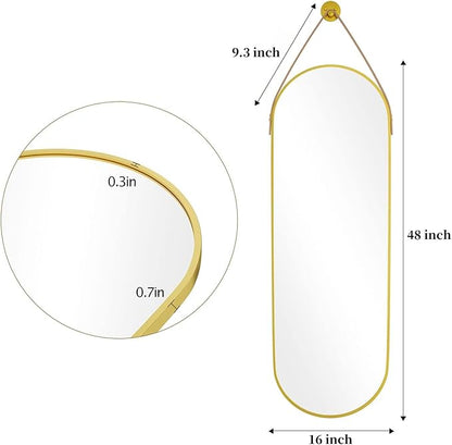 Dewfig 16"x48" Oval Full Length Mirror with Leather Strap Hanging Mirror with Aluminum Frame, Oval Gold Wall-Mounted Mirrors for Living Room Bedroom Entryway Décor, Gold