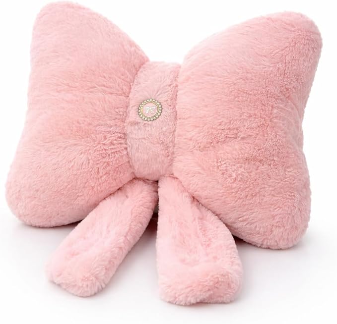 Pink Bow Pillow 12x9 Inch, Cute Plush Bow Shaped Decorative Pillow with Back Strap, Coquette Room Decor for Teen Girls Bedroom Chair Couch Car
