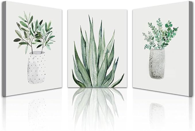 Lapremoly 3 Piece Green Plants Ink Wall Paintings Canvas Wall Art For Bedroom Wall Decor For Living Room Kitchen Dining Room Decoration Leaf Abstract Pictures Office Decor Room Home Walls Artwork