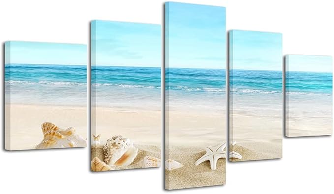 Pyradecor Seashell Large 5 panels Seascape Canvas Prints on Modern Stretched Canvas Wall Art Sea Beach Pictures Artwork for Living Room Bedroom Home Decorations L