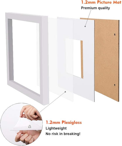 Egofine 12x12 Picture Frames White, Wood Frames with HD Plexiglass for Pictures 8x8 with Mat or 12x12 without Mat, Wall Mounting Display, Set of 4