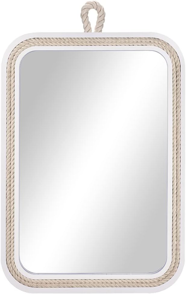 Nautical Rope Mirror Rectangle Wooden 22''Lx16''W White Decorative Mirror Farmhouse Hanging for Bathroom,Livingroom,Entryway-Beachy Coastal Wall Mirror Decor