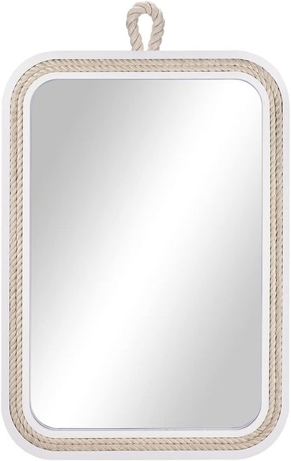 Nautical Rope Mirror Rectangle Wooden 22''Lx16''W White Decorative Mirror Farmhouse Hanging for Bathroom,Livingroom,Entryway-Beachy Coastal Wall Mirror Decor