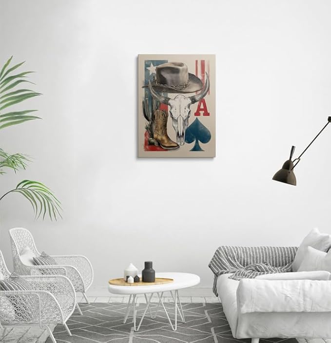 Texas Western Cowboy Canvas Wall Art Framed Vintage Poster Illustration with Cowboy Hat Steer Skull Boots Cactus Desert Wall Decor Artwork Print for Rustic Farmhouse Home Bar 12x16 Inches
