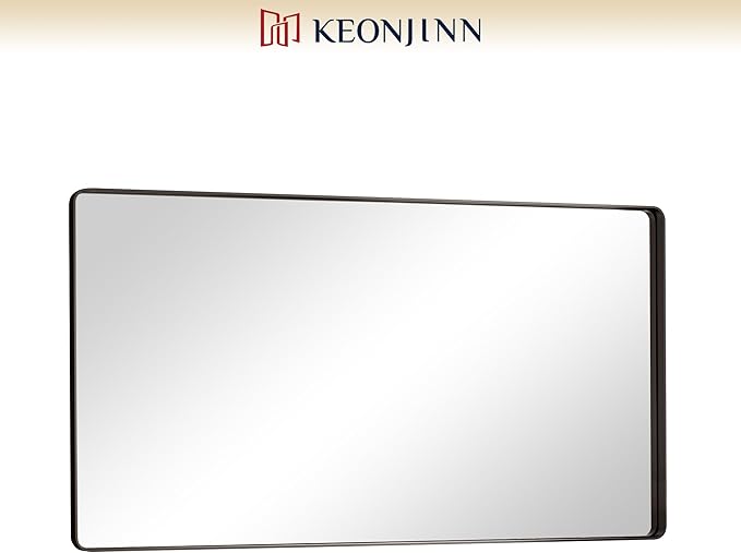 Keonjinn Black Bathroom Mirror, 55” x 30” Rounded Rectangle Sandblasted Finish Bathroom Mirrors for Over Sink, Large Matte Black Vanity Mirror with Seamless Frame, HD Tempered Glass Farmhouse Mirror