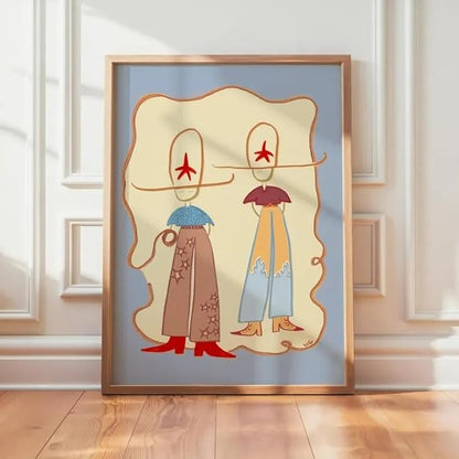 ZHBJSM Retro Cowgirl Duo Wall Art Modern Whimsical Western Boho Star Wave Pattern Warm Earthy Tone Home Living Room Bedroom Entryway Playful Nostalgic Interior Decor Accent Piece 16x24 Inch Unframed