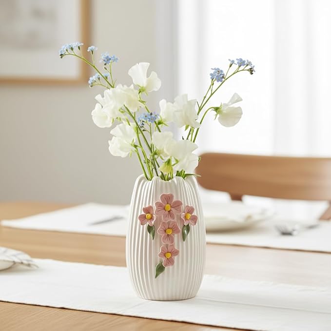White Ceramic Flower Vase, 7 Inch Small Boho Vase for Pampas Grass, 3D Floral Modern Vases Home Decor, Wedding, Valentine, Dining Table Decoration, Bedroom Decor