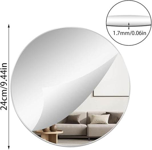 2Pcs 9.44" Round Wall Mirror Tile, Self Adhesive Non Glass Sticker, Acrylic Sheet Disc, High Clear Circle Decorative for Bathroom, Bedroom, Door