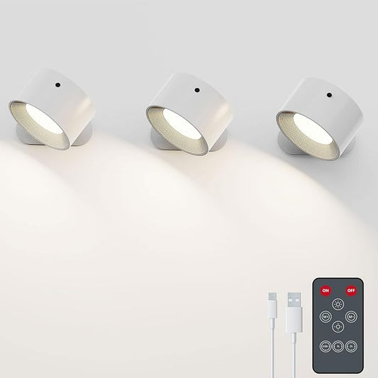 Deyagoo 3PACK Romote LED Wall Sconce - Rechargeable Wall Light, 3 Colors & 3 Brightness Levels, 360° Magnetic Rotating Head, Bedside Reading Lamp, Easy Install Battery Operated Lamp White