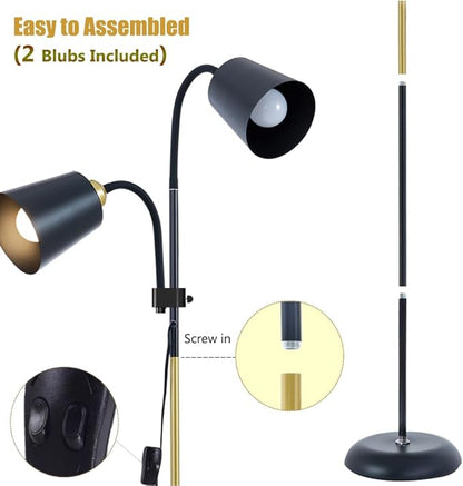 Floor Reading Lamp, Industrial Metal Floor Lamps for Living Room with Adjustable Bendable, 2 in 1 Reading Table Lamps for Living Room Bedroom Office, 12W Bulbs Included (White-2 Heads)