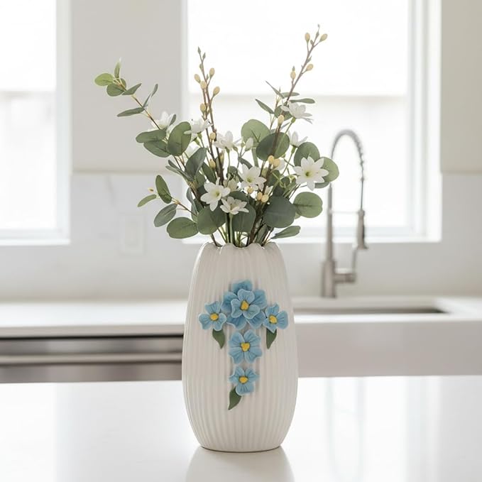 Modern Ceramic Vase - White Boho Textured Vase for Flower, 3D Sculpted Floral Centerpiece Vase for Living Room, Shelf, Table, Wedding, Fireplace, Mantel Decor