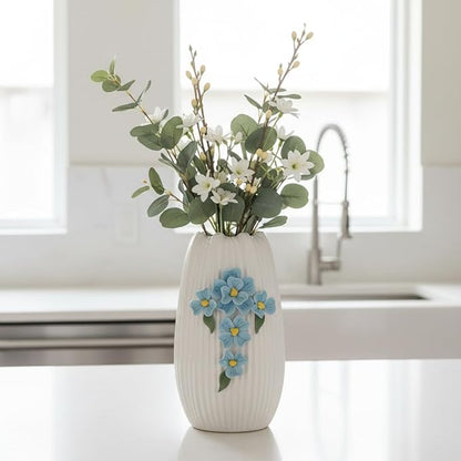Modern Ceramic Vase - White Boho Textured Vase for Flower, 3D Sculpted Floral Centerpiece Vase for Living Room, Shelf, Table, Wedding, Fireplace, Mantel Decor