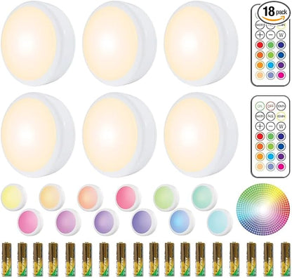 HELPLEX LED Puck Lights with Remote, 6 Pack Color Changing RGBW, Battery Powered Under Cabinet Lighting, Dimmable with Timer & Memory, Stick-On Wireless Light with 18 AA Batteries Included