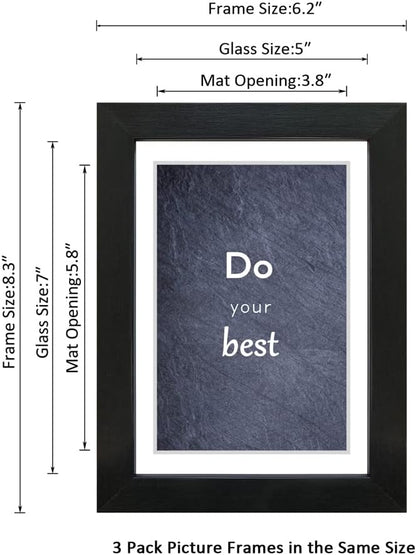 5x7 Black Picture Frame Set of 3 for Pictures 4x6 with Mat or 5x7 Without Mat, Wall or Tabletop Gallery Photo Frames with Real Glass