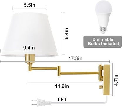 TRLIFE Dimmable Wall Sconce, Remote Control Dimming 10-100% and Adjustable Color Temperature 2700K-6500K Brushed Brass Swing Arm Wall Lights with Plug in Cord, 9.4" Medium White Shade(2 Pack, 2 Bulbs)