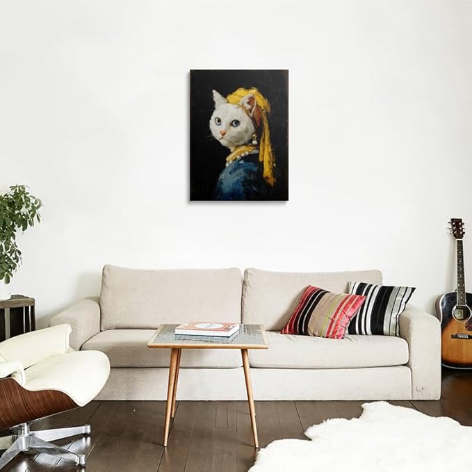 Whimsical Cat Portrait Canvas Wall Art Framed Oil Painting Inspired by Classic Masterpiece with Pearl Earring Yellow Scarf Blue Eyes Modern Humorous Wall Decor Artwork for Bathroom Office 12x16 Inches