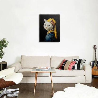 Whimsical Cat Portrait Canvas Wall Art Framed Oil Painting Inspired by Classic Masterpiece with Pearl Earring Yellow Scarf Blue Eyes Modern Humorous Wall Decor Artwork for Bathroom Office 12x16 Inches