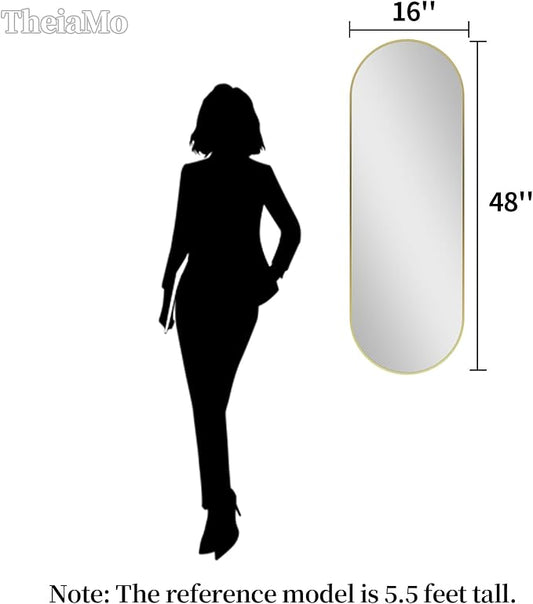 Oval Full Length Mirror, 48"×16" Wall-Mounted Mirror with Gold Frame in Shiny Gold, Ultra-Clear Explosion-Proof Dressing Mirror, Simple & Classic Deco for Cloakroom/Bedroom/Living Room
